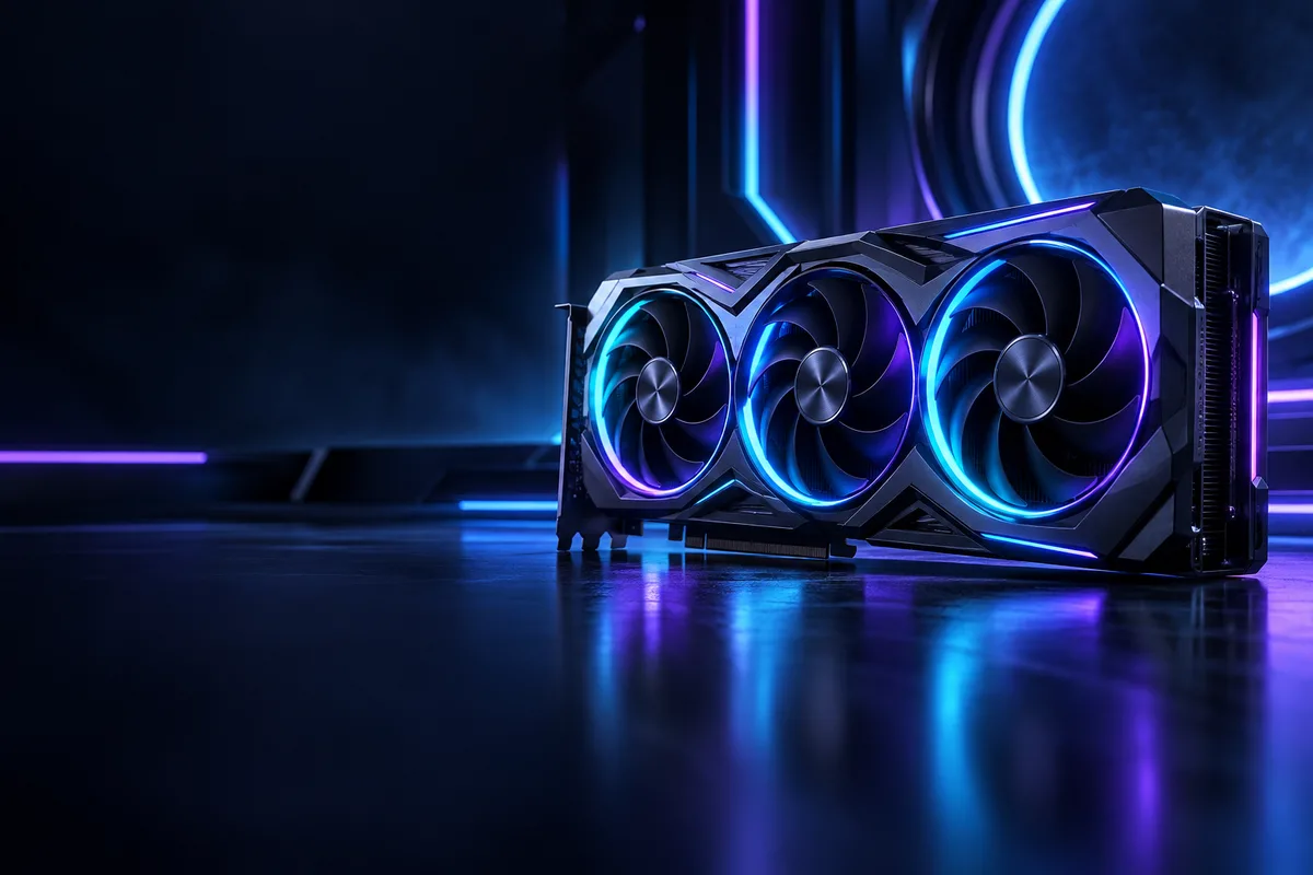 Neon ışıklı koyu ortamda fanları görünen ekran kartı