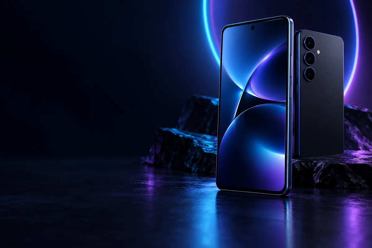 Koyu zeminde neon ışıklarla aydınlatılmış akıllı telefon