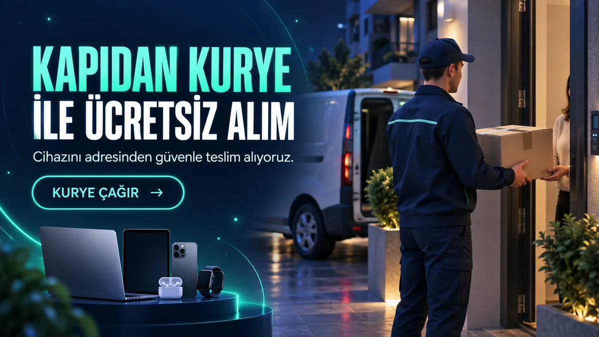 Kapıdan cihaz alımı hizmetini anlatan kurye görseli